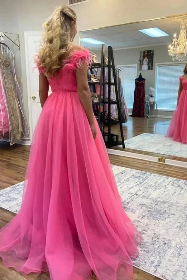 Glamorous A-Line V-Neck Off-The-Shoulder Feather-Trimmed Tulle Maxi Evening Dress