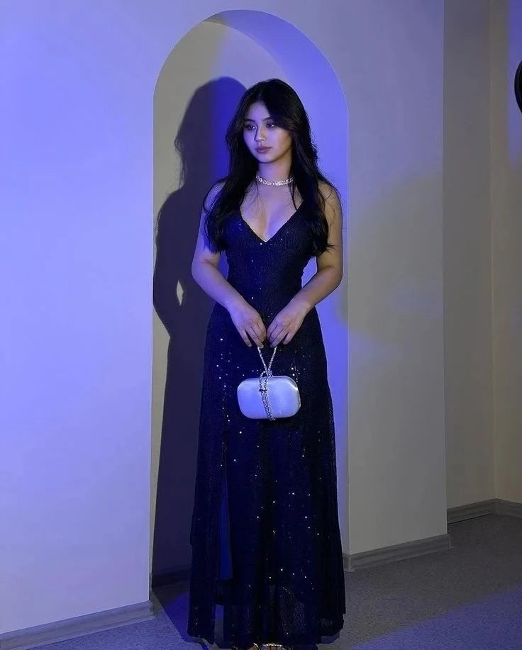 Glamorous A-Line V-Neck Sleeveless Crisscross Back Sequin Maxi Evening Dress