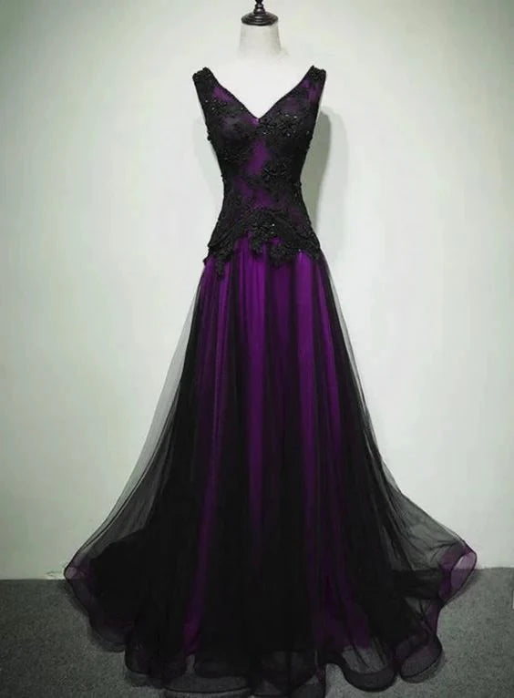 Glamorous A-Line V-Neck Sleeveless Lace-Up Back Beaded Lace Train Evening Dress
