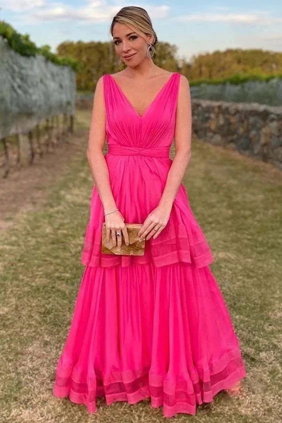 Glamorous A-Line V-Neck Sleeveless Zipper-Back Ruched-Waist Tiered-Chiffon Floor-Length Prom Dress