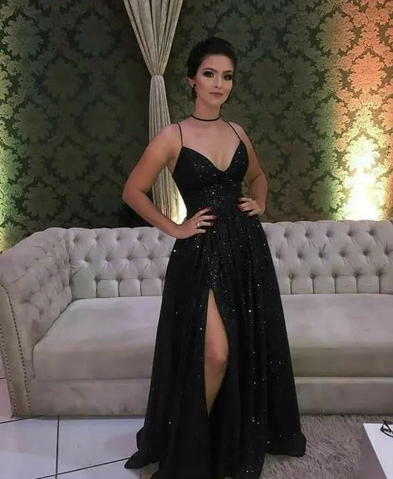 Glamorous A-Line V-Neck Spaghetti Strap High-Slit Sequin Floor-Length Formal Evening Dress