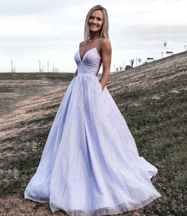Glamorous A-Line V-Neck Spaghetti-Strap Open Back Lace-Up Glitter Evening Dress