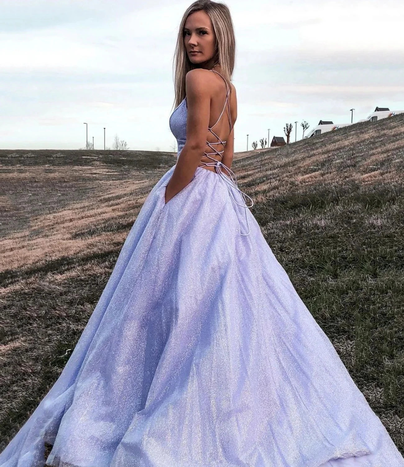Glamorous A-Line V-Neck Spaghetti-Strap Open Back Lace-Up Glitter Evening Dress