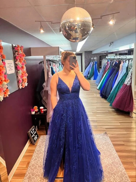 Glamorous A-Line V-Neck Spaghetti-Strap Zipper-Back Glitter-Tulle Pocket-Detail Slit-Detail Floor-Length Prom Dress