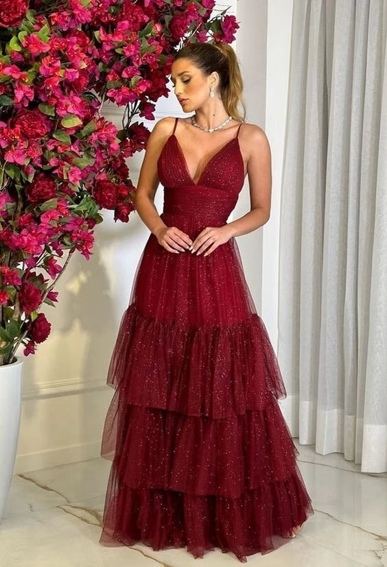 Glamorous A-Line V-Neck Spaghetti-Strap Zipper-Back Glitter-Tulle Tiered-Ruffle Floor-Length Prom Dress
