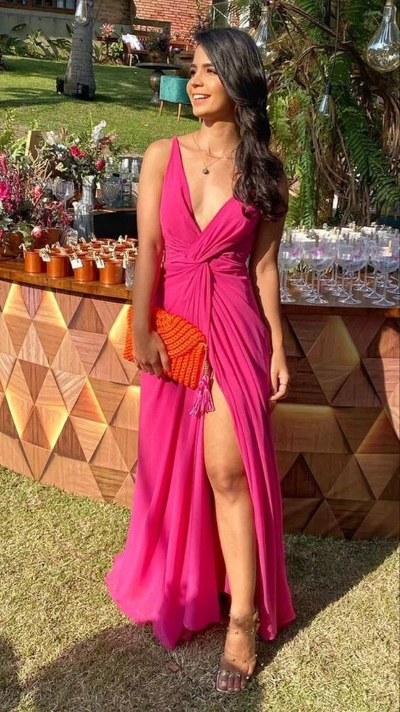 Glamorous A-line Deep V-neck Spaghetti Strap Sleeveless Closed Back High Slit Floor Length Prom Dress