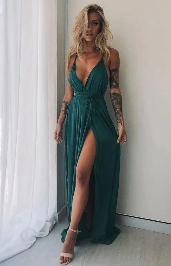 Glamorous A-line Deep V-neck Spaghetti Strap Sleeveless High Slit Floor Length Prom Dress
