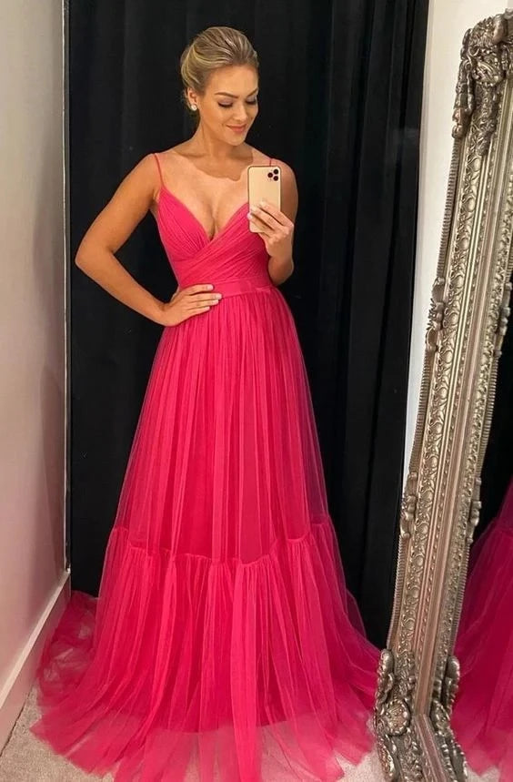 Glamorous A-line Deep V-neck Spaghetti Strap Sleeveless Tiered Ruffle Floor Length Prom Dress