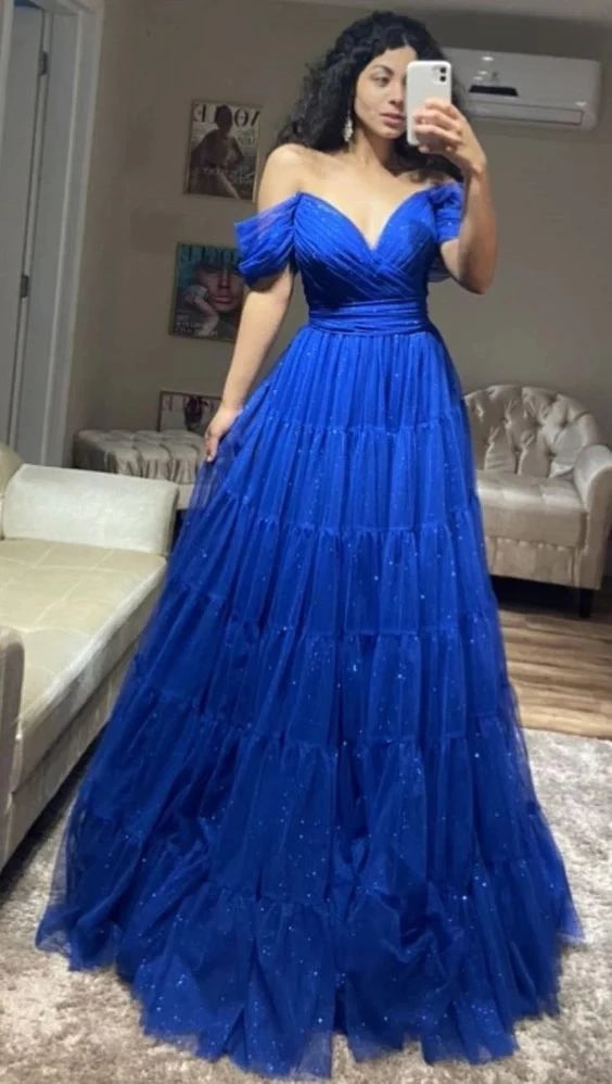 Glamorous A-line Off-the-Shoulder Sweetheart Puff Sleeve Tiered Ruffle Floor Length Prom Dress