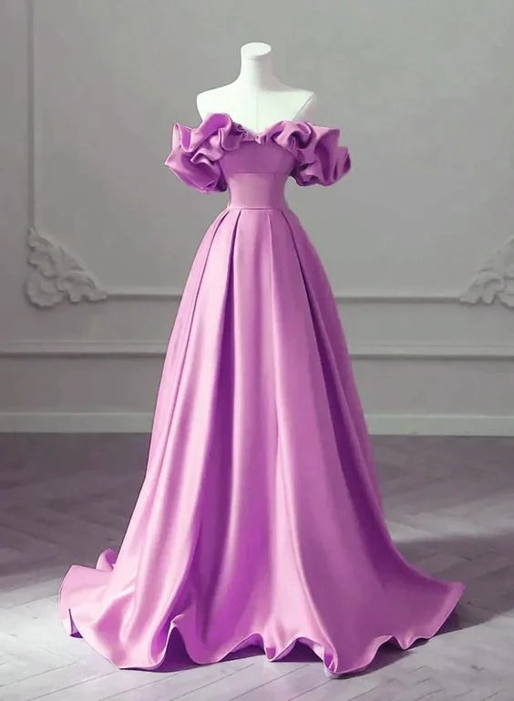 Glamorous A-line Off-the-Shoulder Sweetheart Ruffle Puff Sleeve Closed Back Floor Length Prom Dress