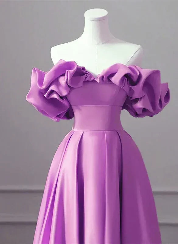 Glamorous A-line Off-the-Shoulder Sweetheart Ruffle Puff Sleeve Closed Back Floor Length Prom Dress