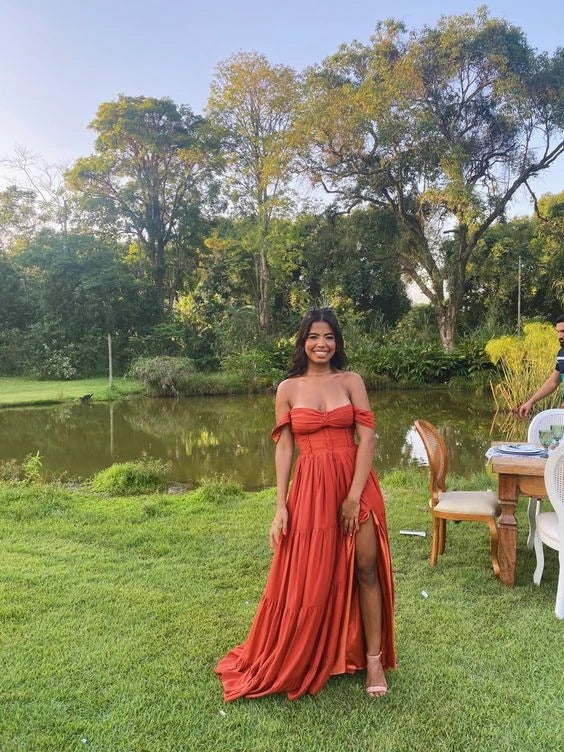 Glamorous A-line Off-the-Shoulder Sweetheart Short Sleeve Tiered Ruffle High Slit Floor Length Prom Dress