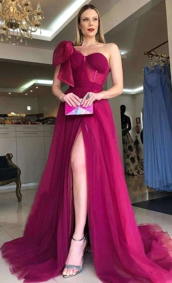Glamorous A-line One Shoulder Sleeveless Bow Detail High Slit Floor Length Prom Dress