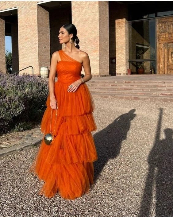 Glamorous A-line One-Shoulder Sleeveless Closed Back Tiered Ruffle Floor Length Prom Dress
