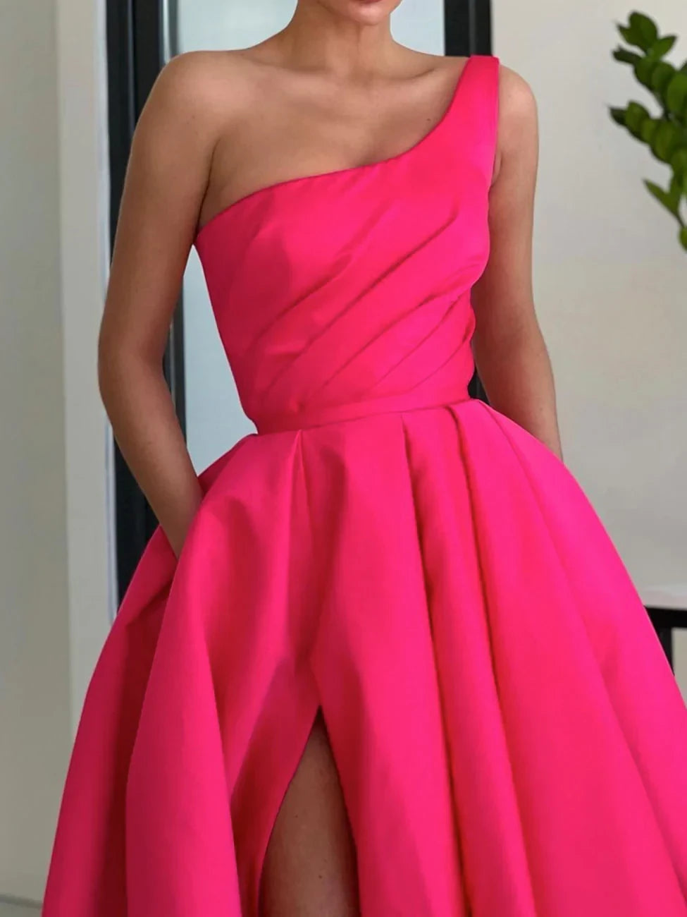 Glamorous A-line One Shoulder Sleeveless Ruched High Slit Floor Length Prom Dress