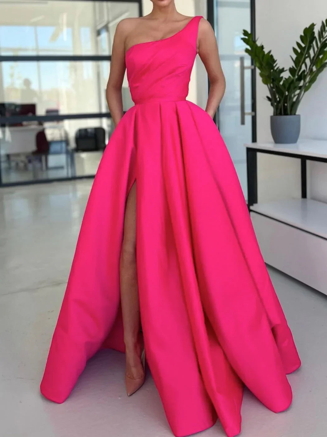 Glamorous A-line One Shoulder Sleeveless Ruched High Slit Floor Length Prom Dress