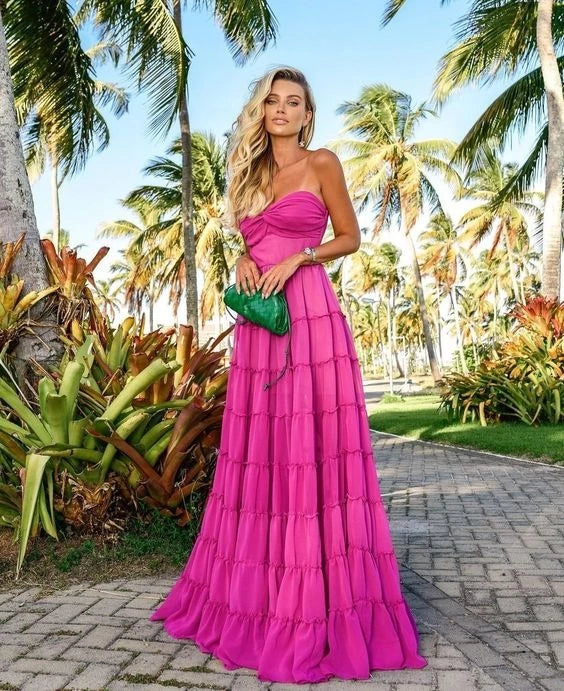 Glamorous A-line One-Shoulder Sweetheart Sleeveless Closed Back Tiered Ruffle Floor Length Prom Dress