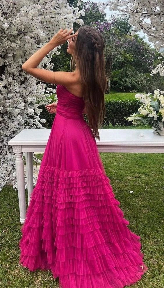 Glamorous A-line Strapless Sweetheart Sleeveless Closed Back Tiered Ruffle Floor Length Prom Dress