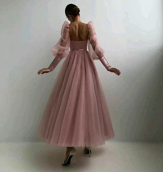 Glamorous A-line Sweetheart Puff Sleeve Open Back Midi Length Prom Dress