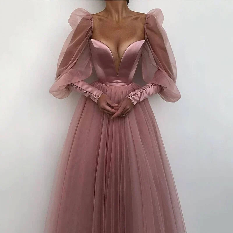 Glamorous A-line Sweetheart Puff Sleeve Open Back Midi Length Prom Dress