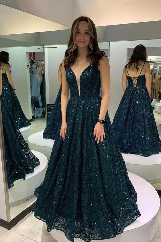 Glamorous Ball-Gown Deep V-Neck Spaghetti-Strap Crisscross-Lace-Up-Back Sequin-Lace Floor-Length Prom Dress