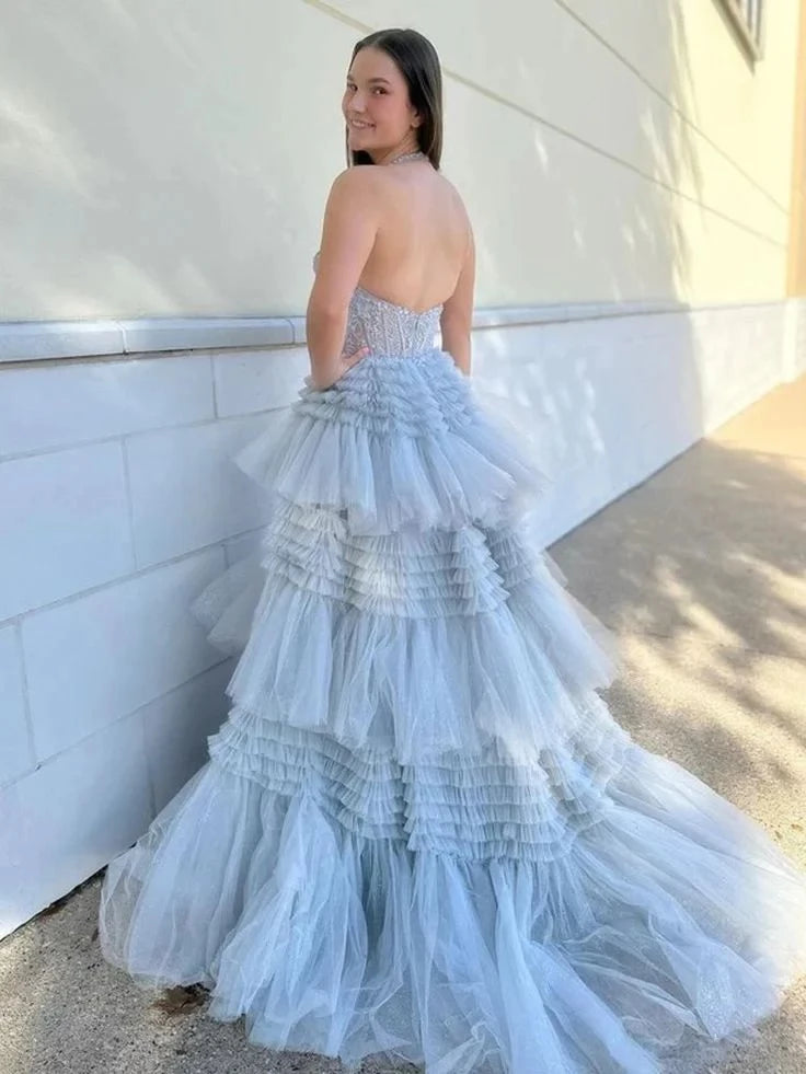 Glamorous Ball-Gown Halter-Neck Sleeveless Beaded-Bodice Ruffled-Train Floor-Length Evening Dress
