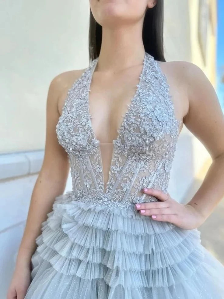 Glamorous Ball-Gown Halter-Neck Sleeveless Beaded-Bodice Ruffled-Train Floor-Length Evening Dress