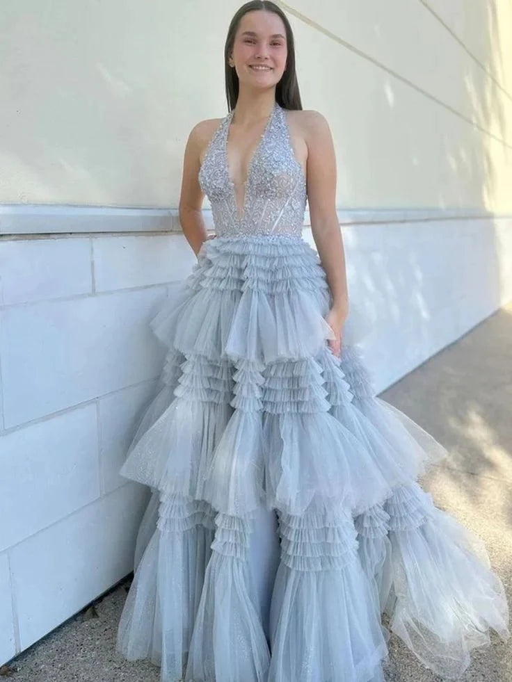 Glamorous Ball-Gown Halter-Neck Sleeveless Beaded-Bodice Ruffled-Train Floor-Length Evening Dress