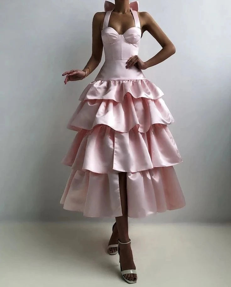 Glamorous Ball-Gown Halter-Neck Sweetheart-Bodice Bow-Back Tiered-Ruffle Satin Midi-Length Prom Dress