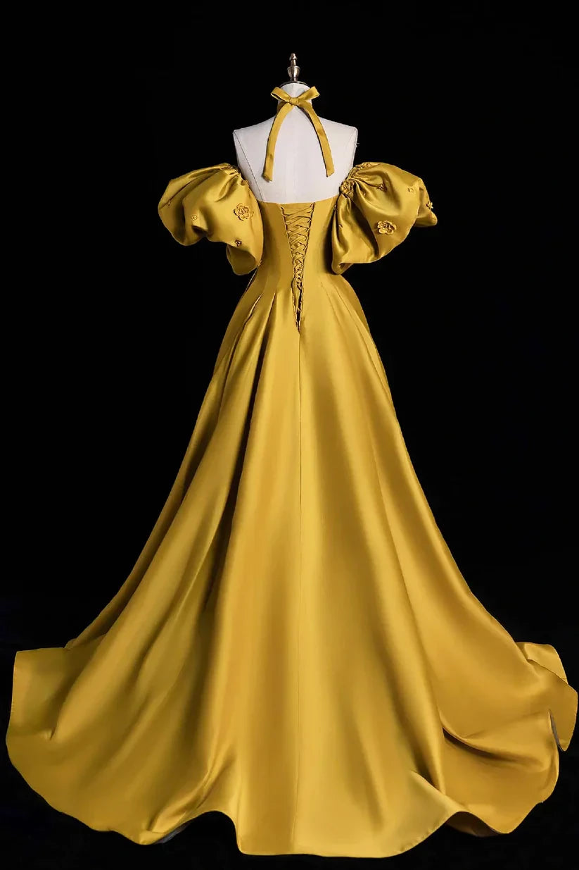 Glamorous Ball-Gown Off-The-Shoulder Puff-Sleeve Lace-Up-Back Train Floor-Length Evening Dress