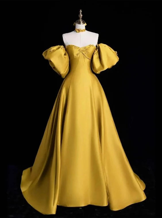 Glamorous Ball-Gown Off-The-Shoulder Puff-Sleeve Lace-Up-Back Train Floor-Length Evening Dress