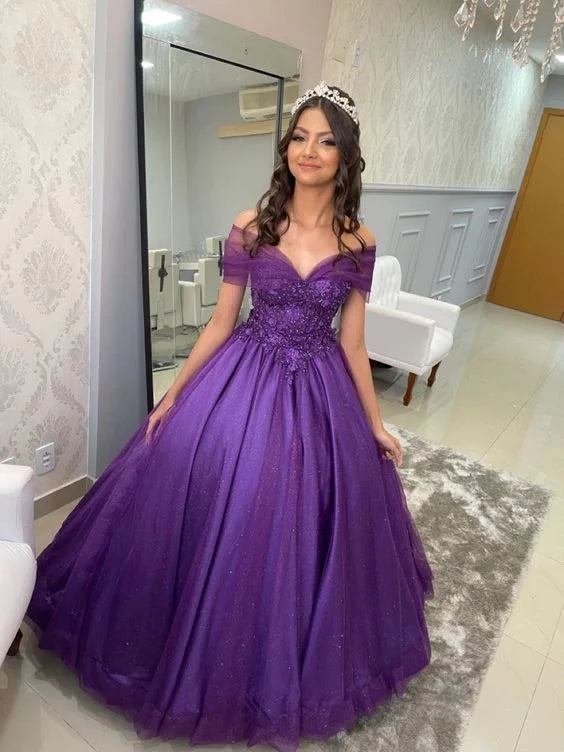 Glamorous Ball-Gown Off-The-Shoulder Short-Sleeve Floor-Length Evening Dress