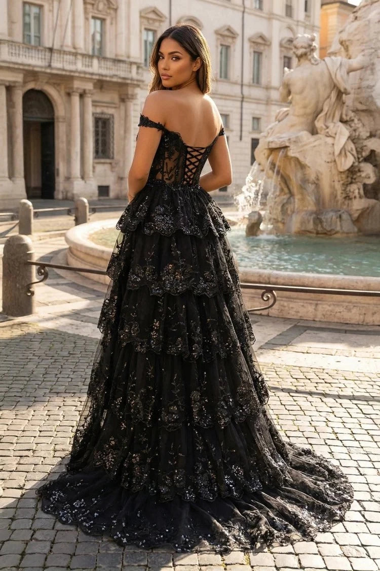 Glamorous Ball-Gown Off-The-Shoulder Short-Sleeve Lace-Up-Back Ruffled-Hem Floor-Length Prom Dress