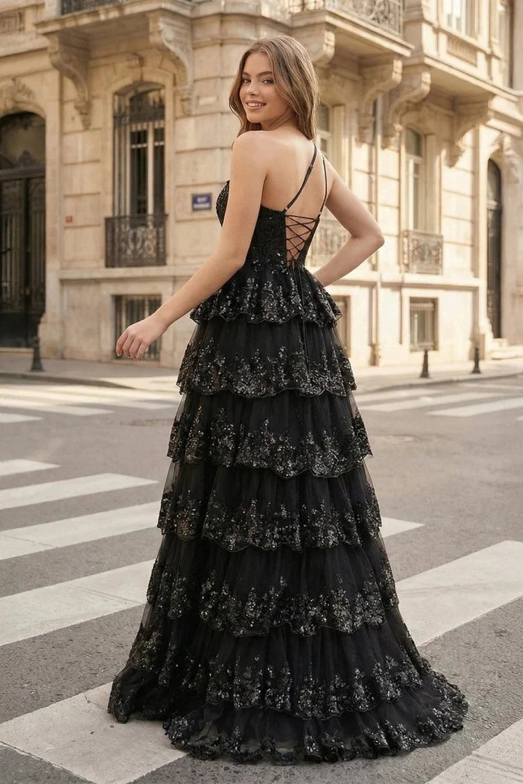 Glamorous Ball-Gown One-Shoulder Sleeveless Lace-Up-Back Ruffled-Hem Floor-Length Prom Dress