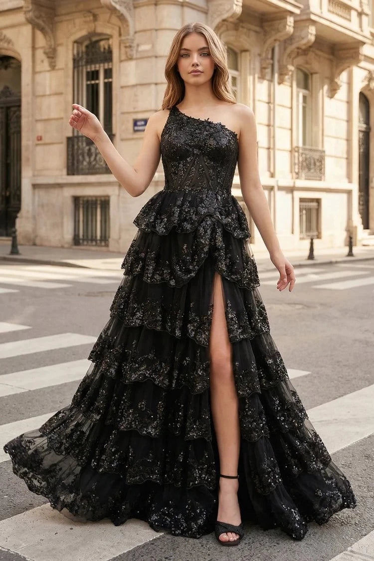 Glamorous Ball-Gown One-Shoulder Sleeveless Lace-Up-Back Ruffled-Hem Floor-Length Prom Dress