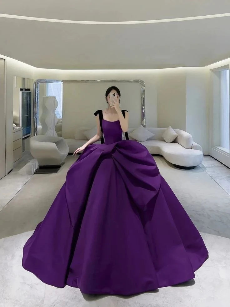 Glamorous Ball-Gown Square-Neck Bow-Strap Sleeveless Floor-Length Evening Dress