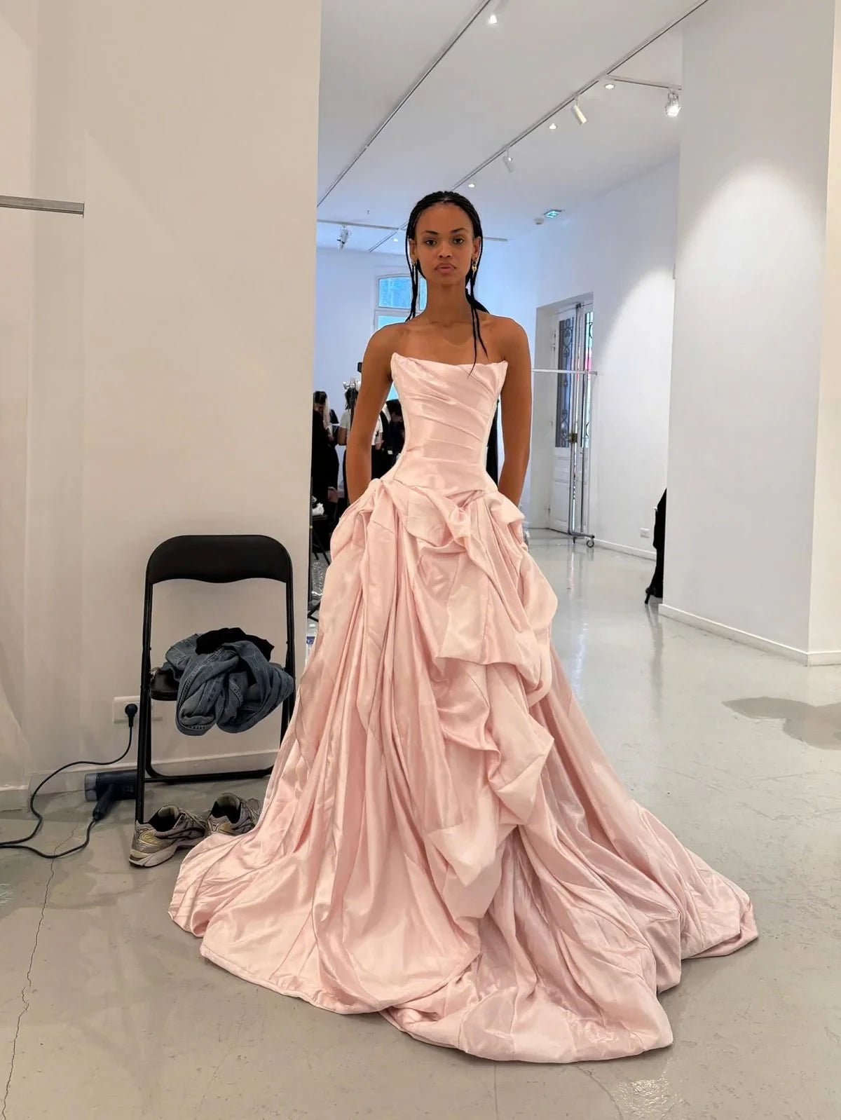 Glamorous Ball Gown Strapless Sleeveless Open Back Ruched Satin Evening Dress