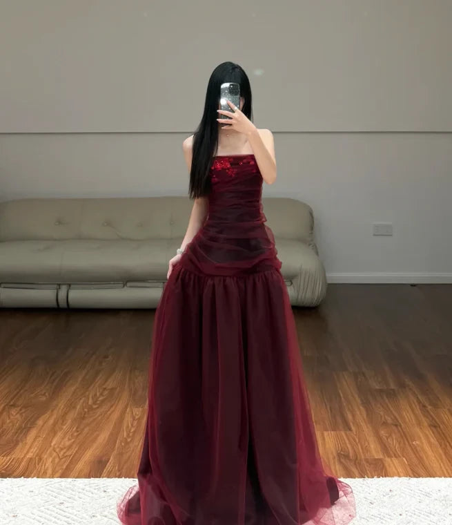 Glamorous Ball Gown Strapless Sleeveless Open Back Ruched Sequin Tulle Evening Dress