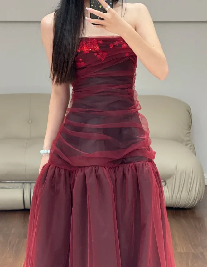 Glamorous Ball Gown Strapless Sleeveless Open Back Ruched Sequin Tulle Evening Dress
