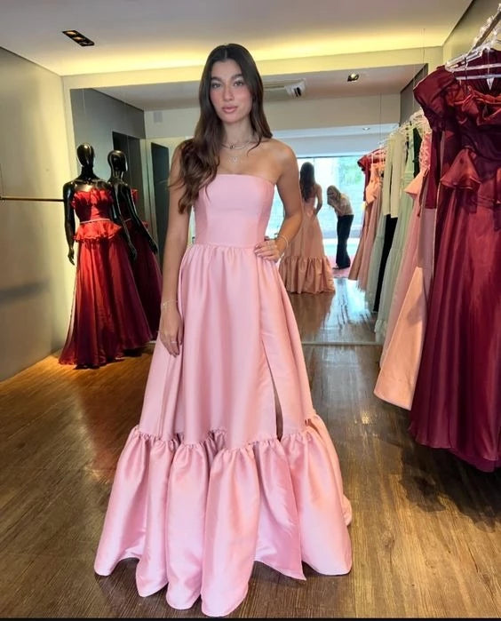 Glamorous Ball-Gown Strapless Sleeveless Ruffled-Hem High-Slit Floor-Length Evening Dress