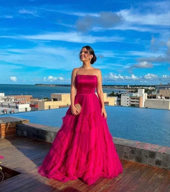 Glamorous Ball-Gown Strapless Square-Neck Zipper-Back Tiered-Tulle Floor-Length Prom Dress