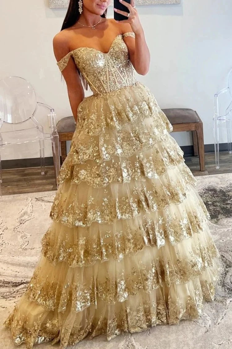 Glamorous Ball-Gown Sweetheart Off-The-Shoulder Lace-Up-Back Ruffled-Hem Floor-Length Prom Dress