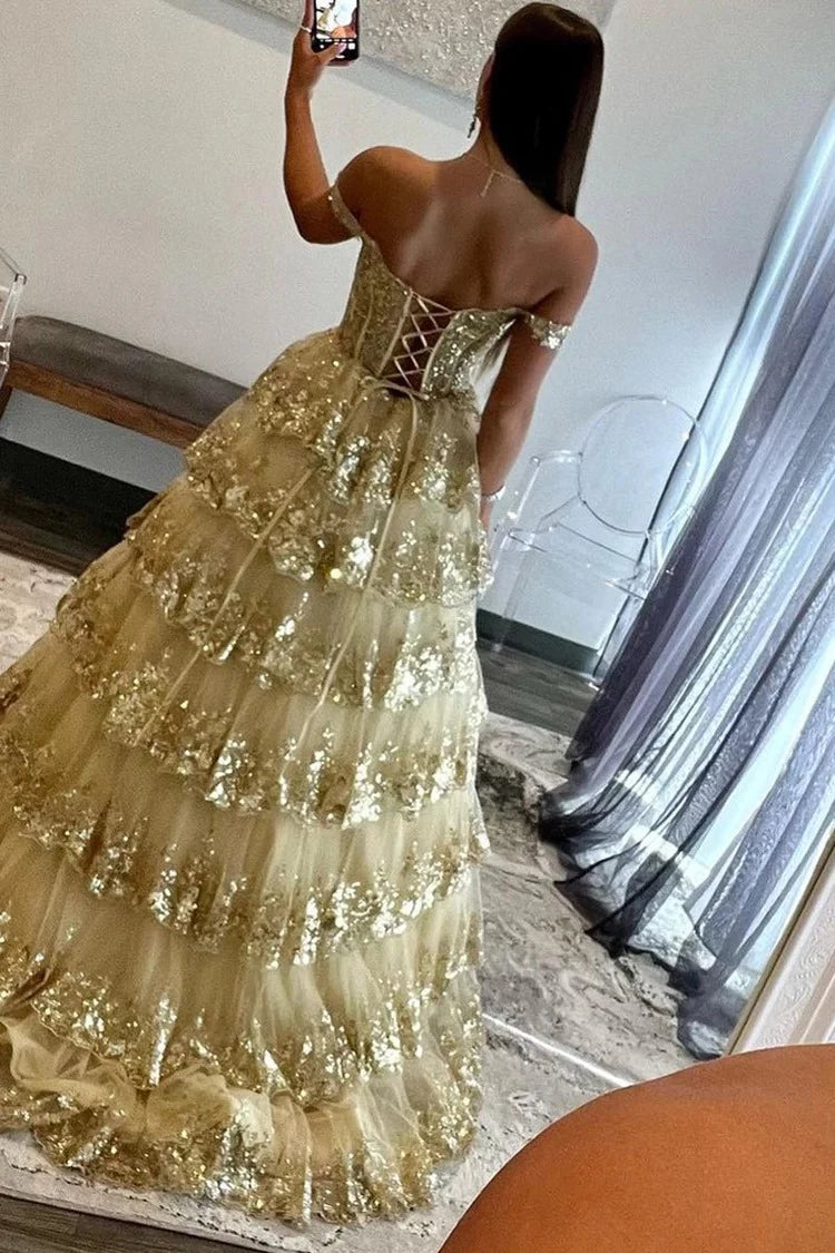 Glamorous Ball-Gown Sweetheart Off-The-Shoulder Lace-Up-Back Ruffled-Hem Floor-Length Prom Dress