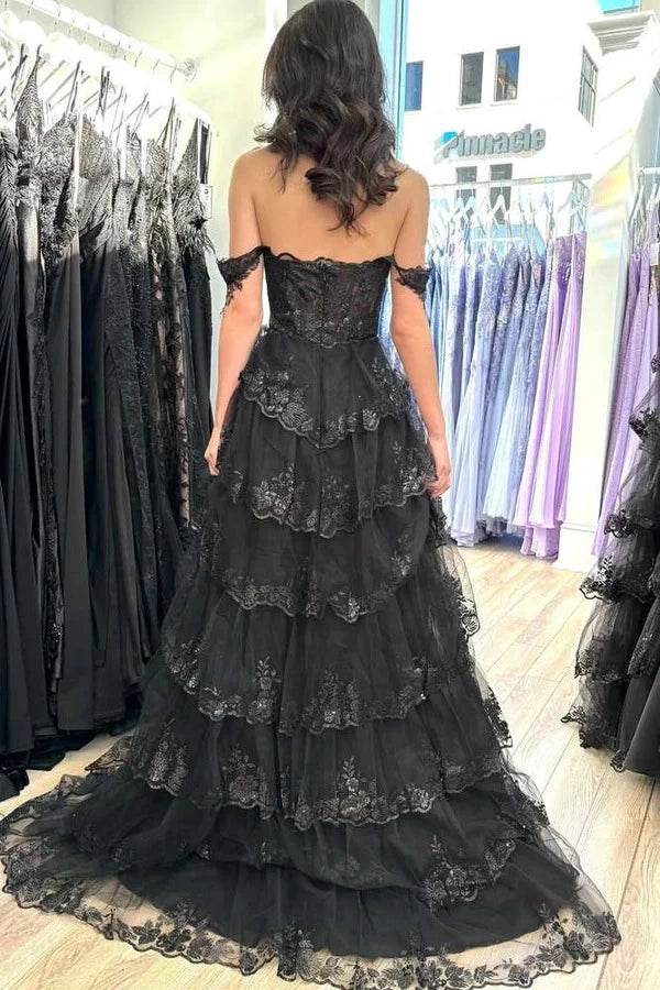 Glamorous Ball-Gown Sweetheart Off-The-Shoulder Short-Sleeve Lace-Back Ruffled-Hem Floor-Length Prom Dress