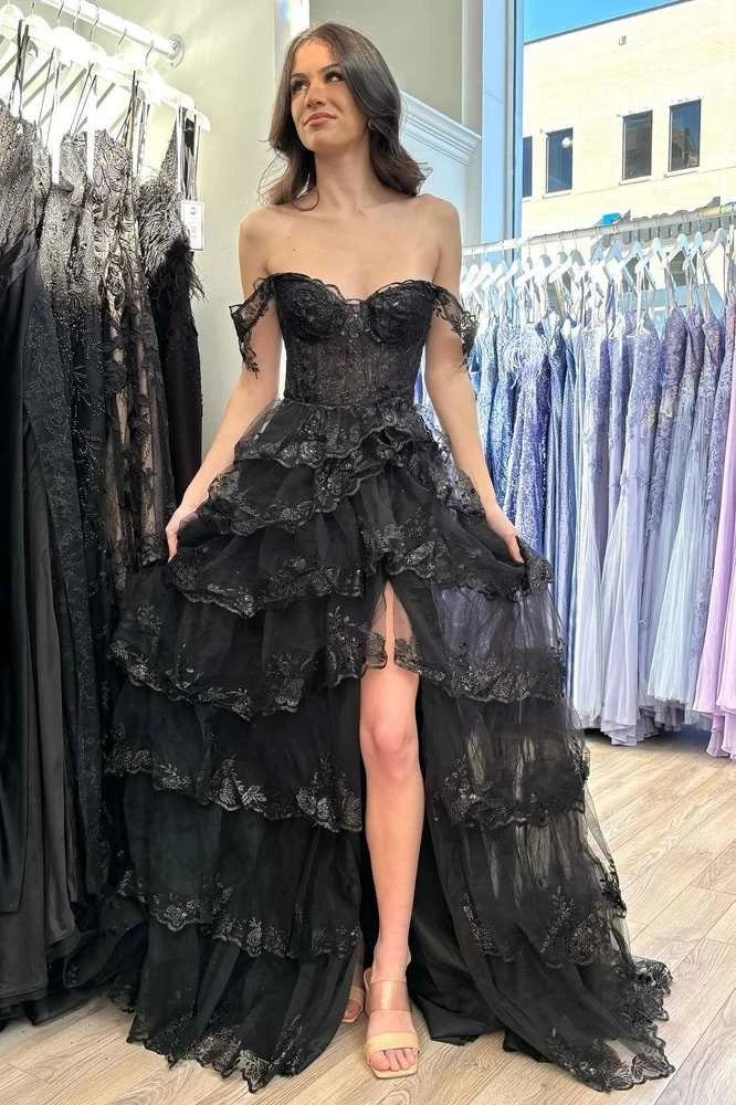 Glamorous Ball-Gown Sweetheart Off-The-Shoulder Short-Sleeve Lace-Back Ruffled-Hem Floor-Length Prom Dress