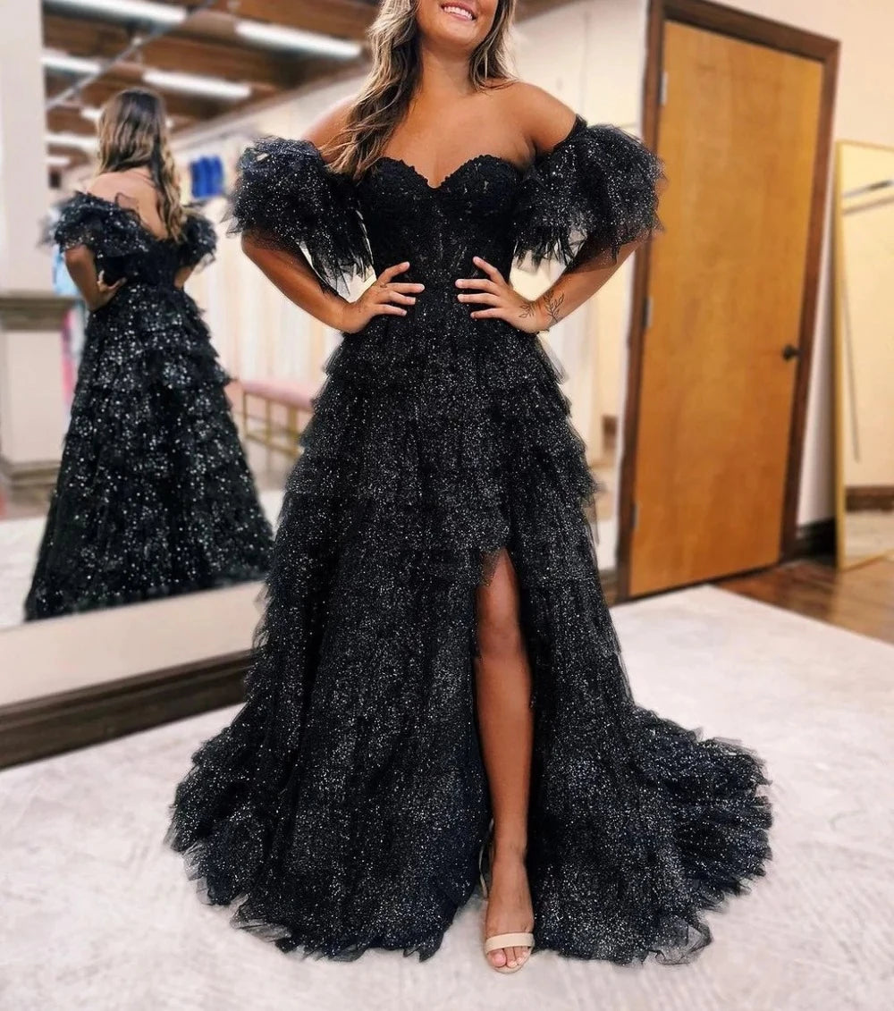 Glamorous Ball-Gown Sweetheart Off-The-Shoulder Short-Sleeve Lace-Up-Back Ruffled-Hem Floor-Length Prom Dress