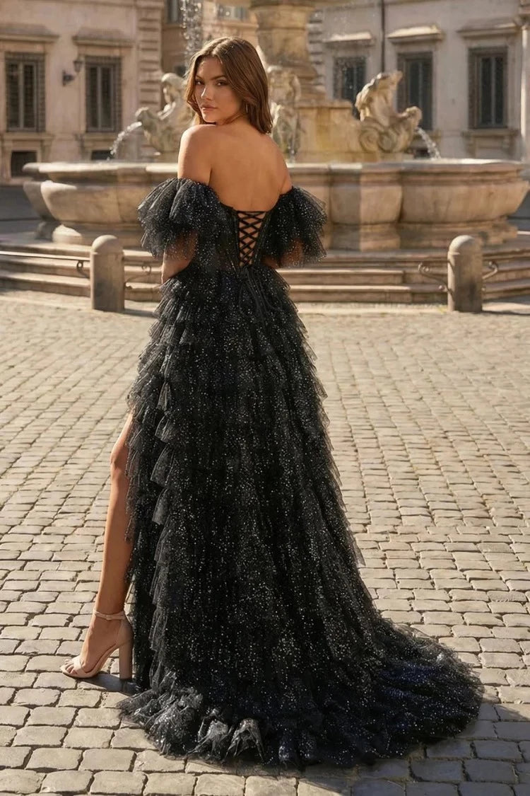 Glamorous Ball-Gown Sweetheart Off-The-Shoulder Short-Sleeve Lace-Up-Back Ruffled-Hem Floor-Length Prom Dress