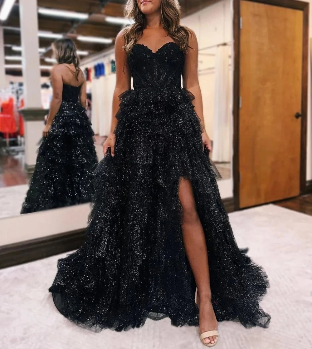 Glamorous Ball-Gown Sweetheart Off-The-Shoulder Short-Sleeve Lace-Up-Back Ruffled-Hem Floor-Length Prom Dress