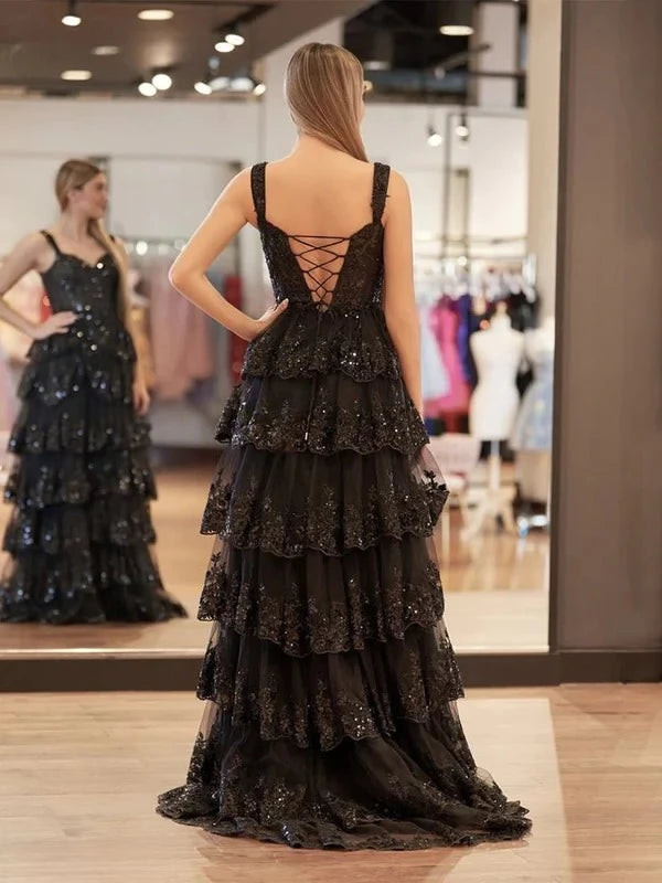 Glamorous Ball-Gown Sweetheart Spaghetti-Strap Lace-Up-Back Ruffled-Hem Floor-Length Prom Dress