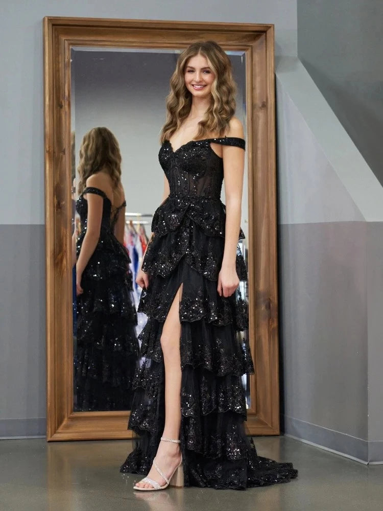 Glamorous Ball-Gown Sweetheart Spaghetti-Strap Lace-Up-Back Ruffled-Hem Floor-Length Prom Dress